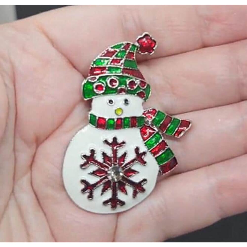 Enamel Snowman Brooch: Crystal Snowflake Christmas Pin